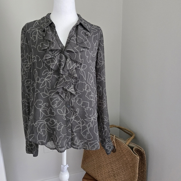 Calvin Klein Tops - Calvin Klein Large Polyester Womens Gray Floral Ruffle Blouse